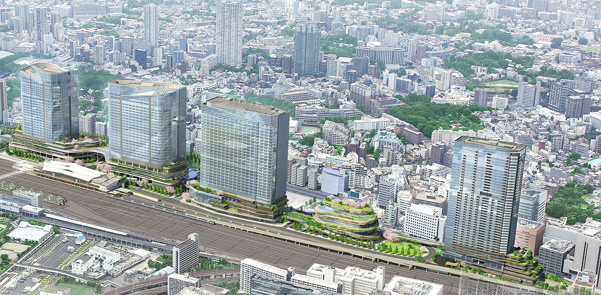 高輪ゲートウェイシティ鳥観図。左からTHE LINKPILLAR 1 SOUTH、NORTH、THE LINKPILLAR 2、文化創造棟、TAKANAWA GATEWAY CITY RESIDENCE