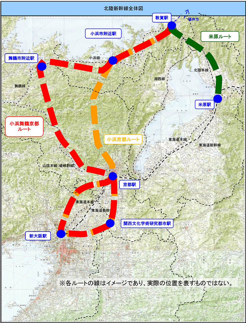 出典：<a href="https://www.mlit.go.jp/report/press/tetsudo03_hh_000079.html">国土交通省鉄道局「北陸新幹線京都・新大阪間のルートに係る調査について 平成29年3月7日」</a>。国土交通省は米原ルート、小浜・京都ルート、小浜舞鶴京都ルートで調査を実施。有力3案のうち湖西ルートは記載されていない