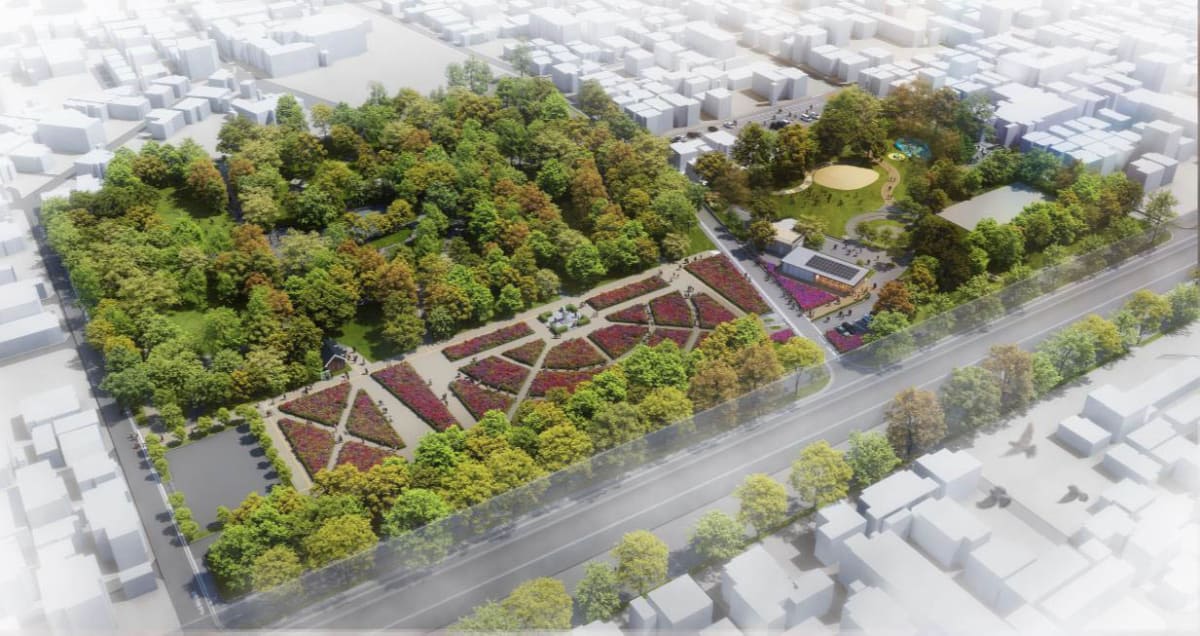 公園全景イメージパース(左側エリア：バラ園など、右側エリア：カフェなど)