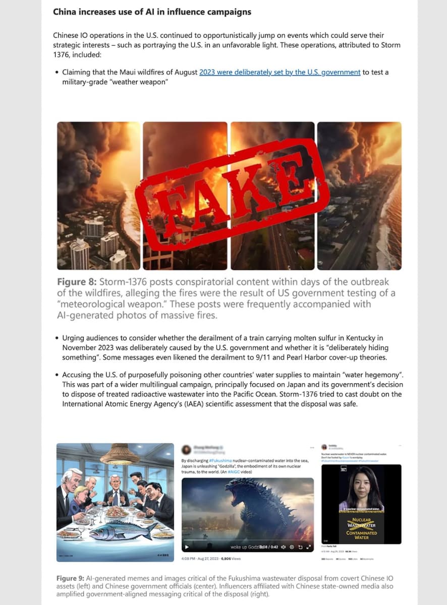 マイクロソフトは公式ブログで、中国によるAIを使ったフェイク情報の拡大を警告(<a href="https://blogs.microsoft.com/on-the-issues/2024/04/04/china-ai-influence-elections-mtac-cybersecurity/">China tests US voter fault lines and ramps AI content to boost its geopolitical interests</a>