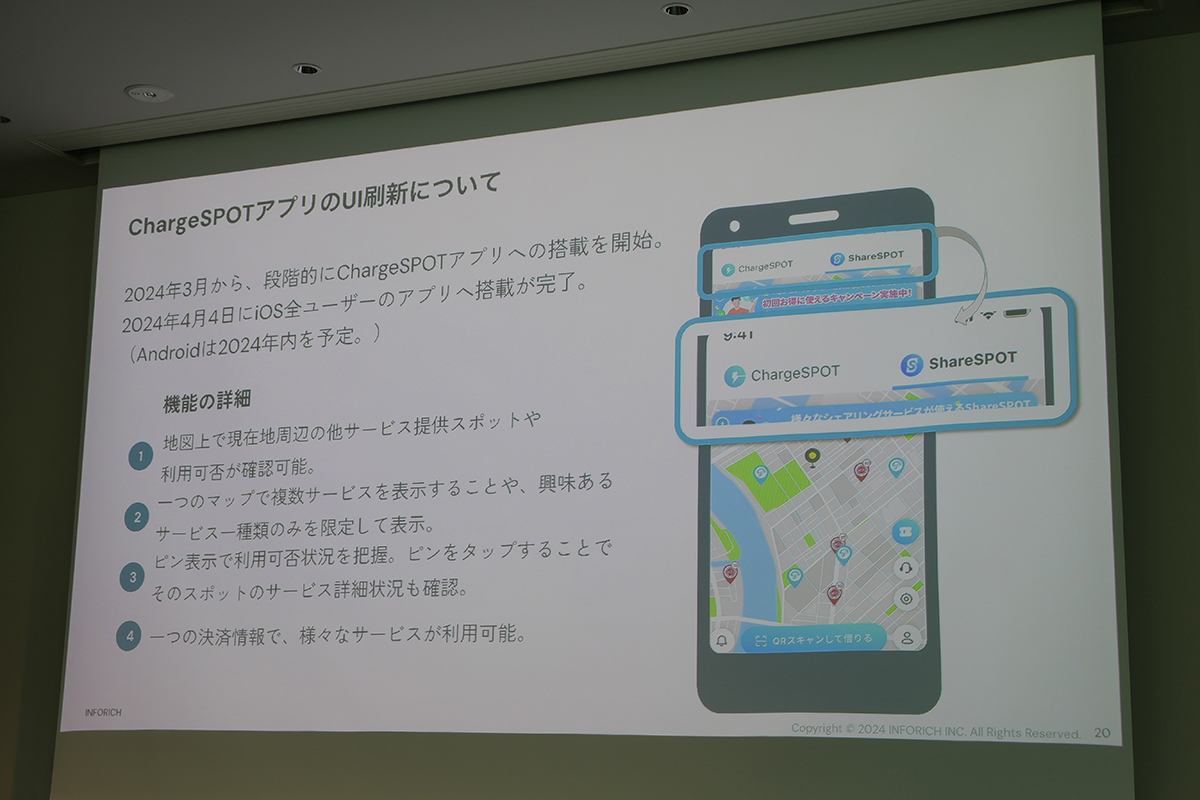 アプリ画面上部に「ShareSPOT」タブを追加。自転車や傘を借りられる。モバイルバッテリー貸出は「ChargeSPOT」タブから行なう