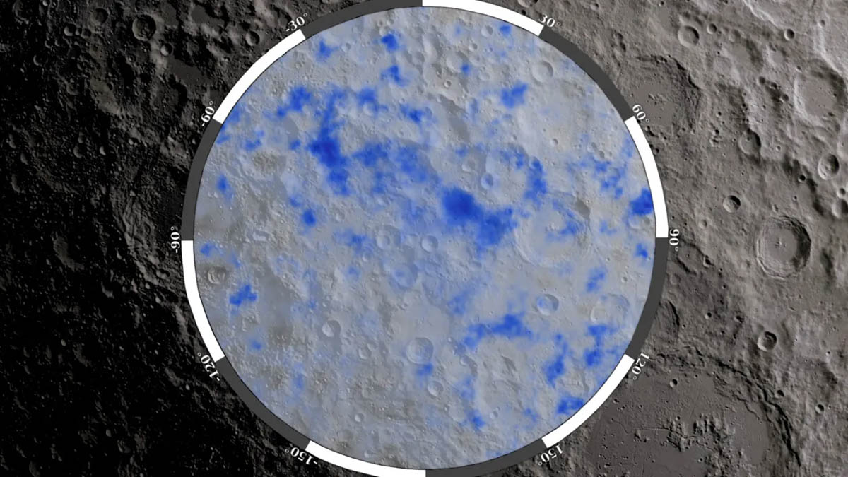 NASAの月探査機LROが観測した南極域で水があると考えられる地点(©NASA)