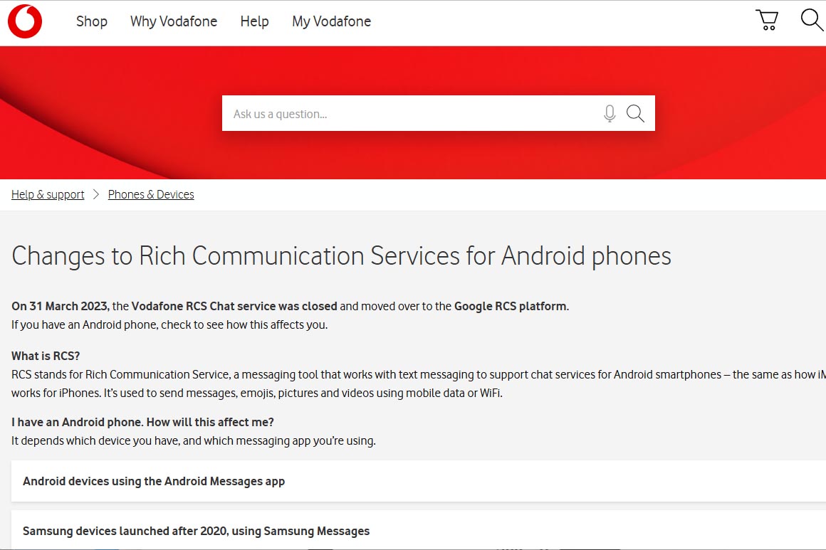 英Vodafoneは欧州各国で同社のRCSサービスを終了。Googleメッセージへの移行を促している