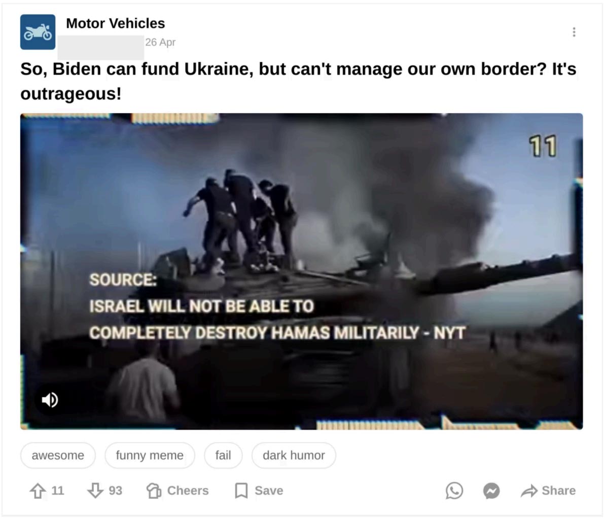 9GAGに投稿されたフェイク情報。ガザで撮影された画像にウクライナについてのコメントがされている