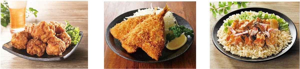 左から、からあげ、アジフライ、グリルチキン Over 自慢のガーリックライス