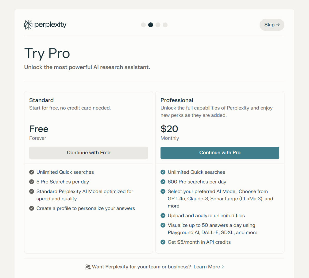 有償のPerplexity Proではより高度な検索やAIモデルの変更などが可能