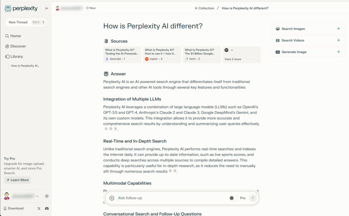 PerplexityのWeb版のインターフェース