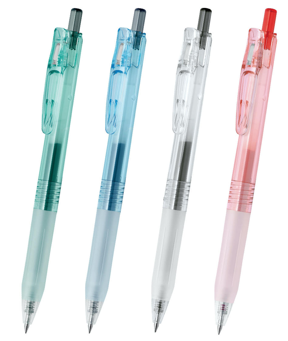 左から、黒インクのオーシャンブルーグリーン、アースブルー、ウォータークリアー、赤インクのサンライズコーラル