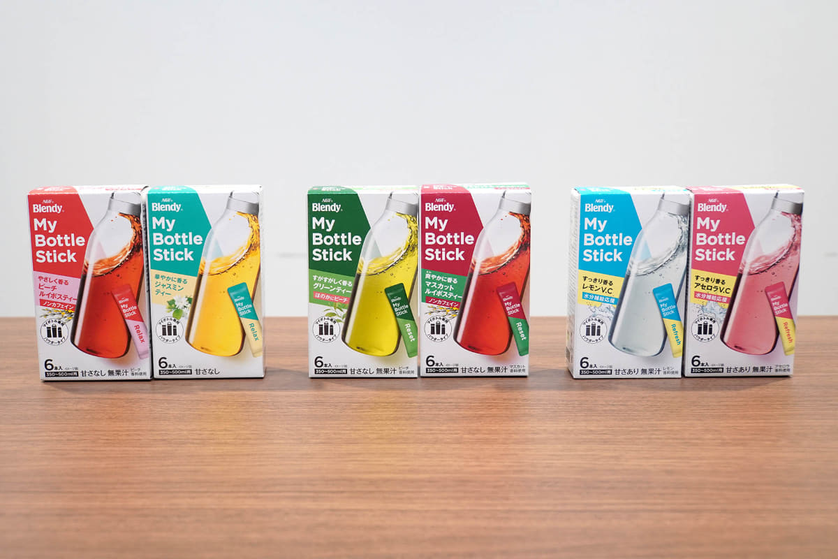 マイボトル利用者のニーズに合わせた全6種のフレーバー。コンセプトとして「リラックス」「リセット」「リフレッシュ」の3つに分けられている