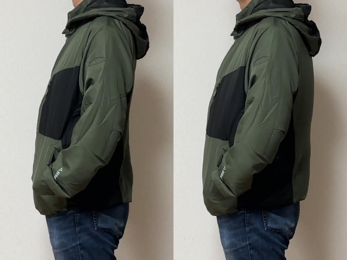 横から見たところ。背中から腰回りにかけて膨らんでいることが分かります