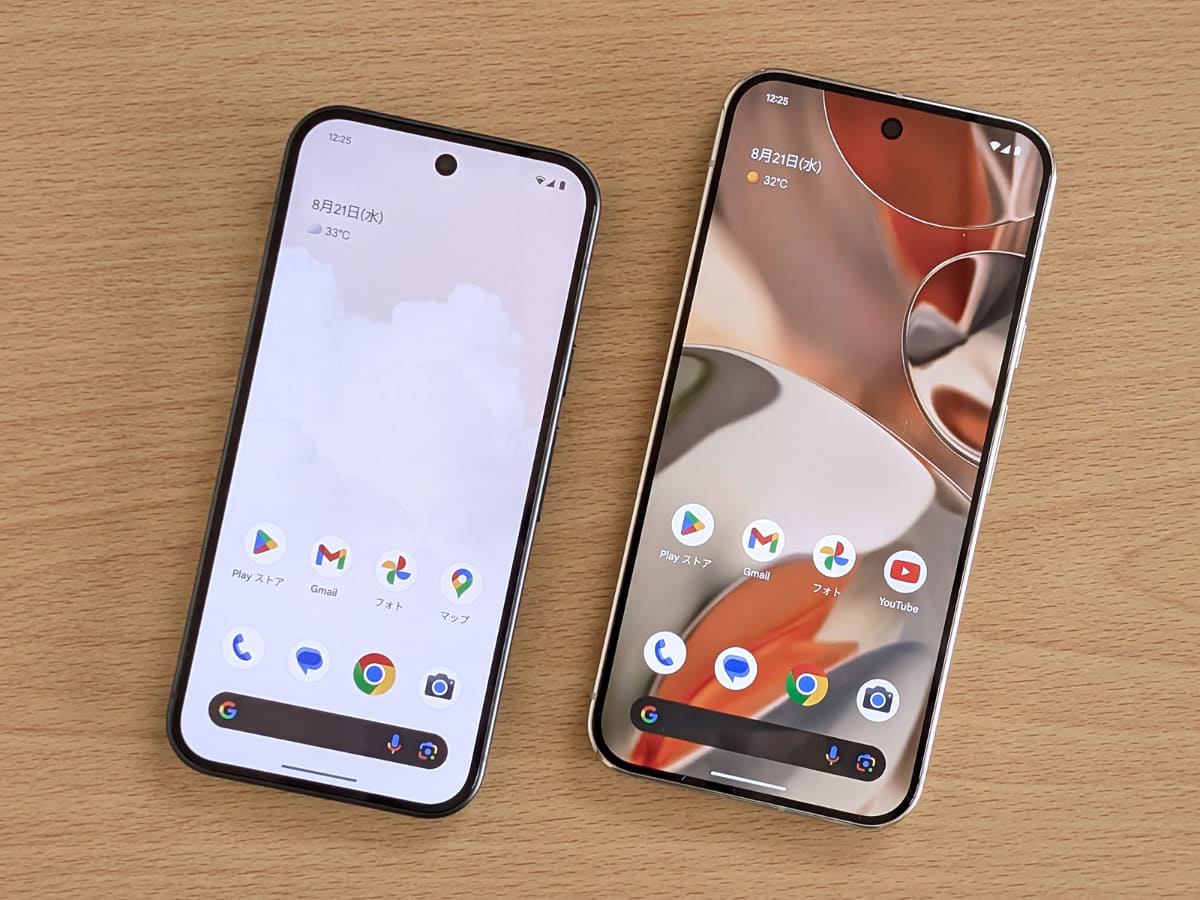 6.3インチ画面の「Pixel 9」(左)と「Pixel 9 Pro XL」。画面サイズ以外に、額縁幅も若干異なります