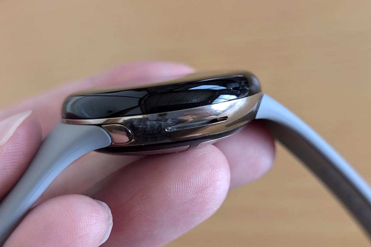 本体カラーは、正面からはよく分かりませんが側面を見ると明らか。今回試用したモデルは、本体カラーがChampagne Gold、バンドはHazelです