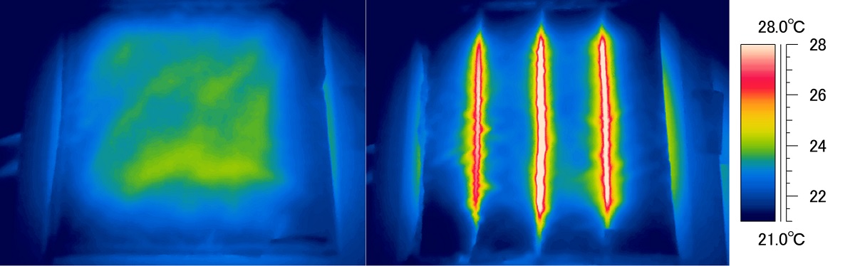 左から、テックフィルブレスサーモとダウンの表面温度