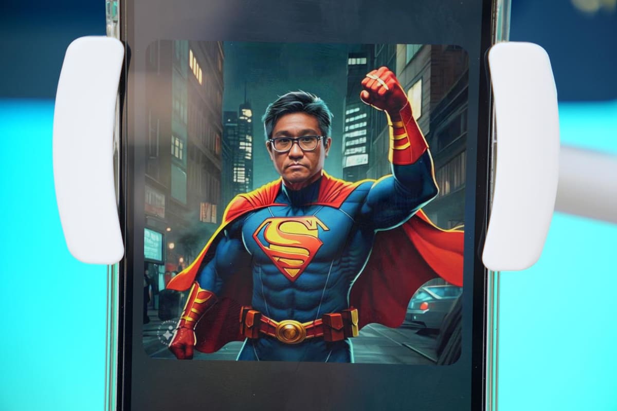 会場でのデモ。「Imagine me」を使い、筆者を「スーパーヒーロー」と「中世の騎士」にしてみた