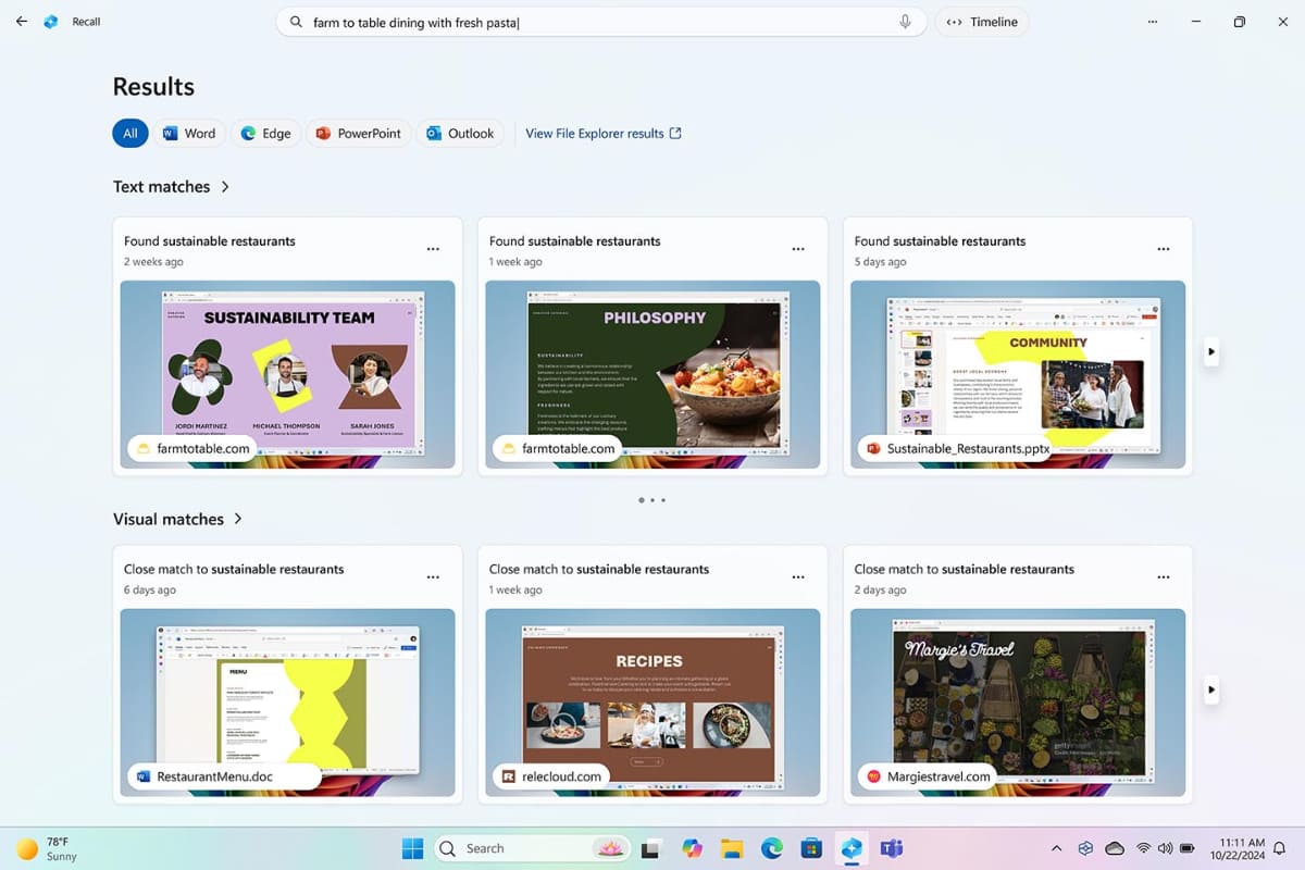 Recallの動作画面。PC上で行なった動作を文章で検索