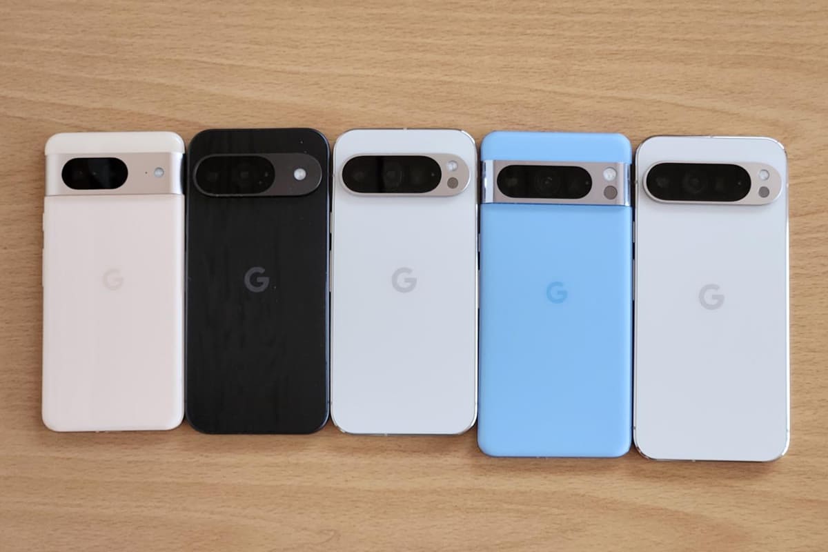 左からPixel 8、Pixel 9、Pixel 9 Pro、Pixel 8 Pro、Pixel 9 Pro XL。こうしてみると、なかなかどうして皆デザインが違います