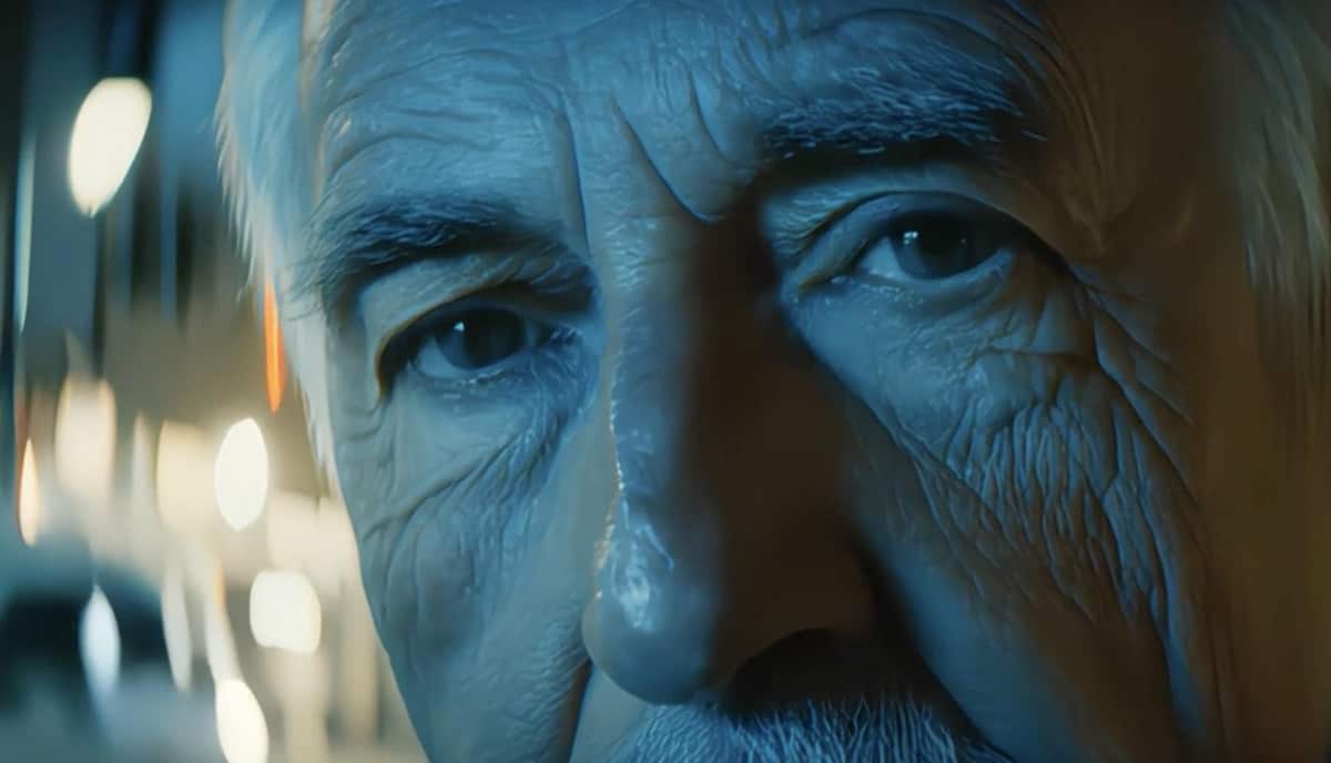 プロンプト：夜の路上の真ん中、年老いた男性のシネマティックなクローズアップと詳細なポートレート。照明はドラマチックで、色調は青みがかった影とオレンジがかったハイライト。男性の肌は非常にリアルで、毛穴まで見える。動きは微妙で柔らかい。カメラはフィックス。フィルムグレイン。ヴィンテージアナモフィックレンズ