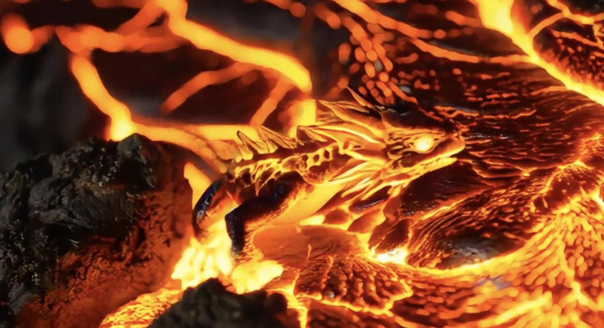 プロンプト：溶岩でできた小さな赤ちゃんドラゴンが火山の中を動き回るマクロショット