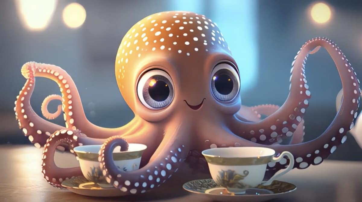 プロンプト：愛らしい目をしたかわいいタコの赤ちゃんが、8本の触手でティーカップを持ち、楽しそうに周りを見回している。3Dレンダリング、エネルギッシュ、ソフトライト、夢のようなボケ味、浅い被写界深度、シネマティック