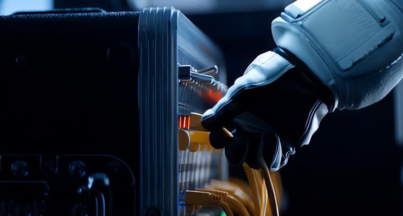 プロンプト：手袋をはめた宇宙飛行士の手がフレームインし、黄色のケーブルの1つを抜く。シネマティック