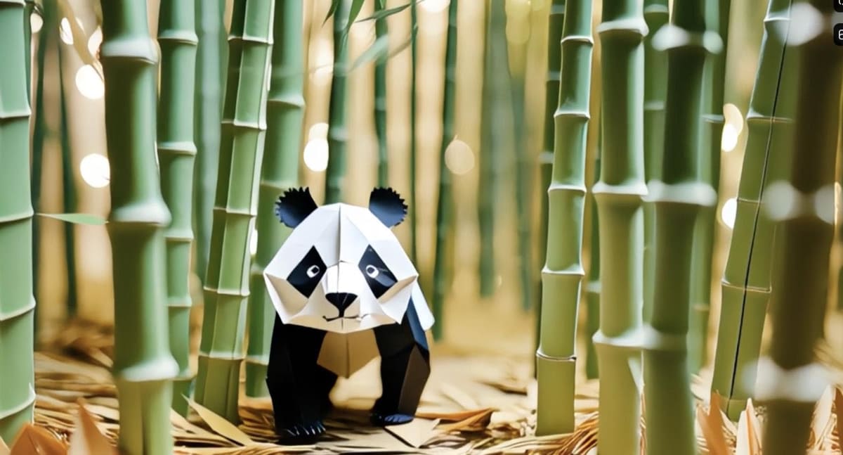 プロンプト例：紙粘土のパンダが折り紙の竹林をのんびりと歩く、シネマティック、かわいらしい、ソフトフォーカス、ボケ効果