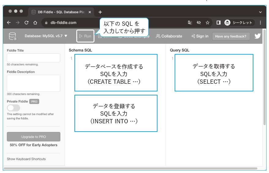 図11：入力欄にすべてのSQLを記述してから「Run」で実行