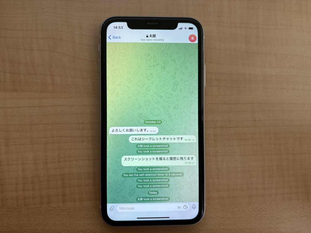 Telegramのシークレットチャット画面。このスクリーンショットを撮影しても、メッセージは映らない