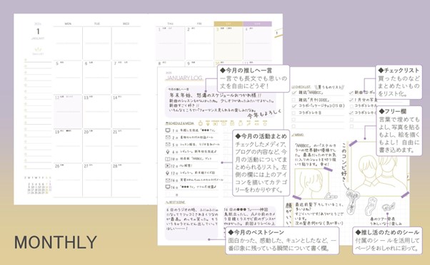 1カ月ごとに振り返れるマンスリーログページ。何を書いていいかわからないという人でも書きやすいようにテーマを設けています