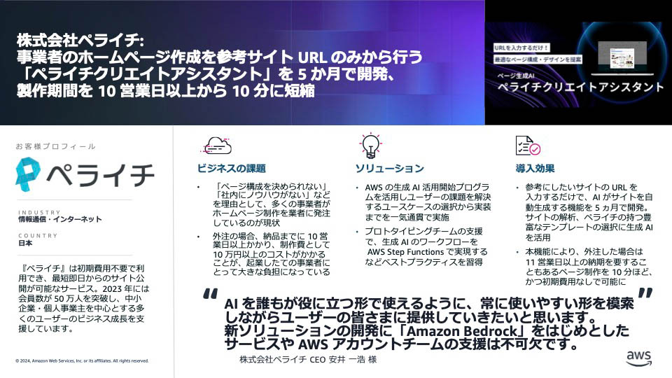 ペライチでは事業者のホームページ作成を助ける「ペライチクリエイトアシスタント」を開発
