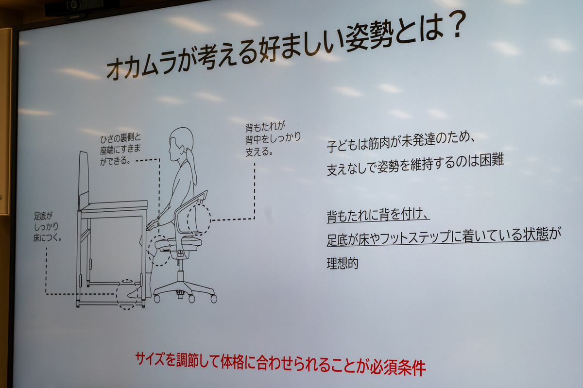 オカムラが考える子供に好ましい学習姿勢。足、座面、背もたれの3つをしっかりと使うのがポイント