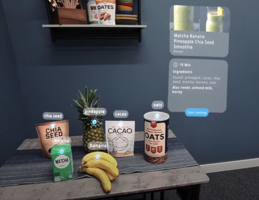 Orionのデモ映像から切り出した画像。これは素通しの現実にタグやCGを重ねていますが、これがビデオ映像(ビデオシースルー)であれば、パッケージを拡大して表示を見る、といったこともできるでしょう