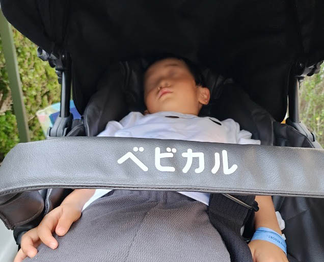 外出先で寝てしまってもベビーカーで寝かせられます
