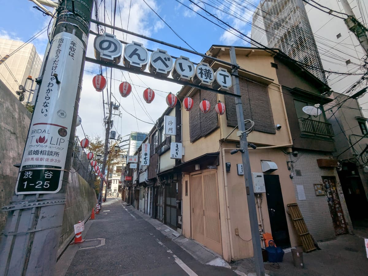 さらにJRの線路方向に行くと、MIYASHITA PARKの入り口を過ぎたところに「のんべい横丁」という飲み屋街があります
