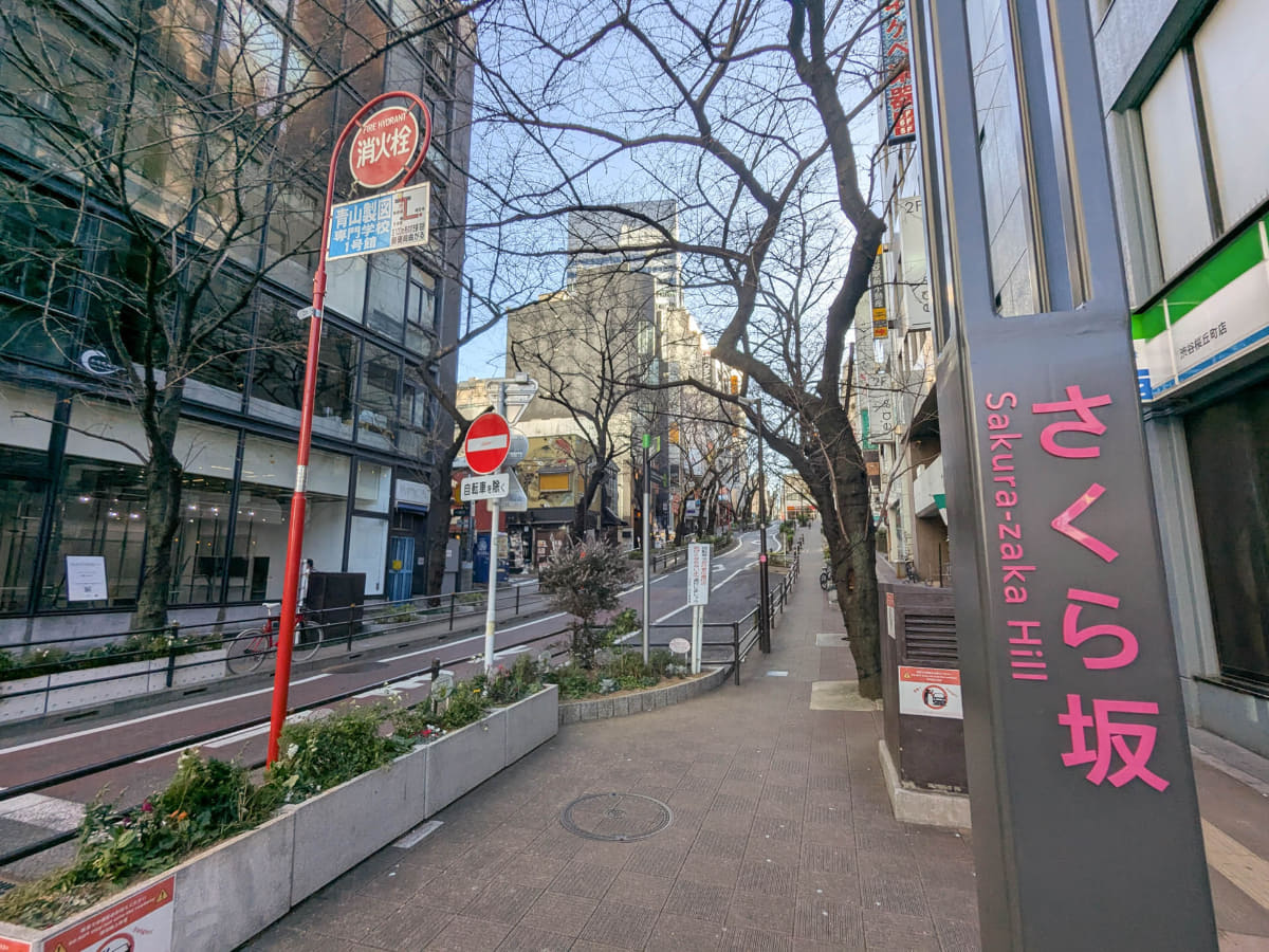 桜の名所でもあるさくら坂。登ると「渋谷文化総合センター大和田」や「渋谷インフォスタワー」があります