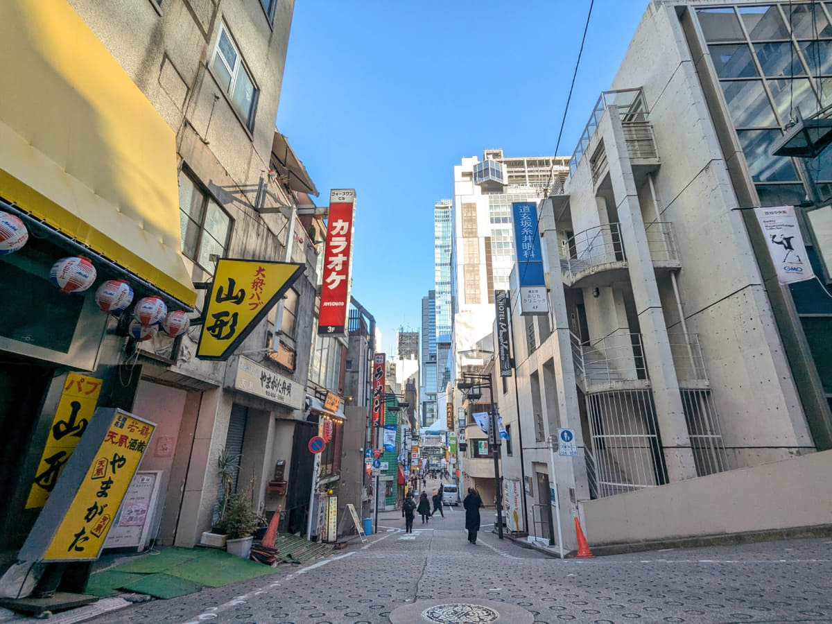 メインゲートをまっすぐ進んだ坂の上からJR渋谷駅方面を見たところ