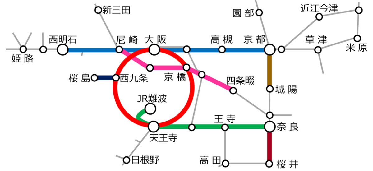 JR西日本では図中の色付き太線区間で終夜運転実施
