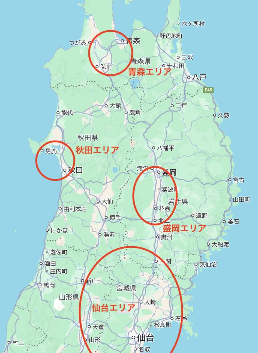 Google Mapsに描写したSuicaエリアの概念図。赤丸の位置は大雑把なので突っ込みはご容赦願いたいが、仙台エリア内で一ノ関駅から少し北の位置にある平泉駅は、盛岡エリアからはSuicaでアプローチできない