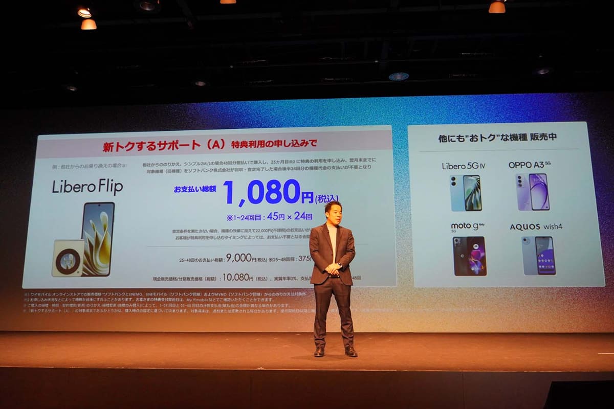 新トクするサポート(A)は、継続販売している先代のLibero Flipにも適用される。こちらは、新規、MNPの場合、実質価格が1,080円まで下がる