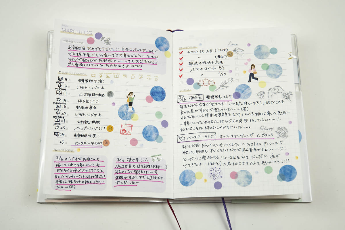 月ごとに推しの出演スケジュールや自身の感想などを記入できるページも