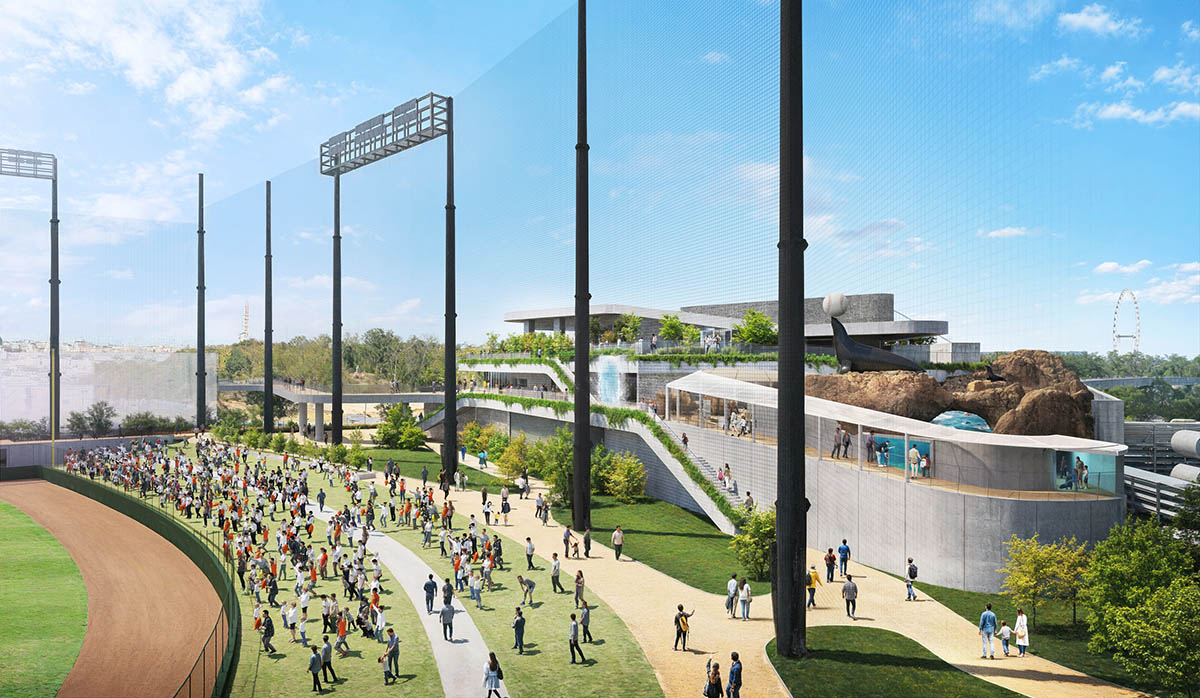 球場の外野席からコンコースを通って水族館に行き来できる(イメージ)