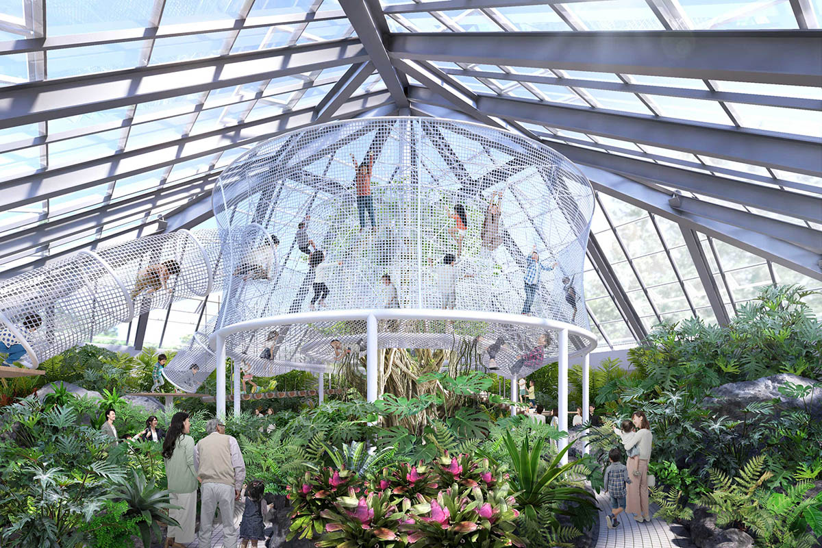 蜘蛛の巣のようなネット遊具が設置された滞在型のアスレチック