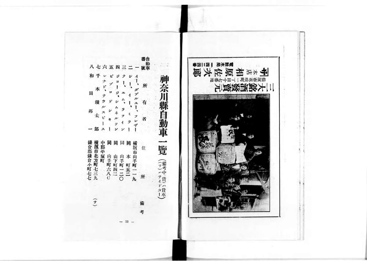 この頃は、自動車保有者や免許証保有者が公開されていたらしい。これは神奈川県のデータで、この時点で自動車保有者は621となっていた。<a href="https://dl.ndl.go.jp/pid/911789">曽我紋蔵 『神奈川県ト自動車』,横浜自動車協会,大正9. 国立国会図書館デジタルコレクション</a>