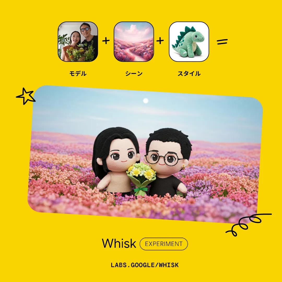 Whisk - 生成画像例：花束を持ったカップルのぬいぐるみ