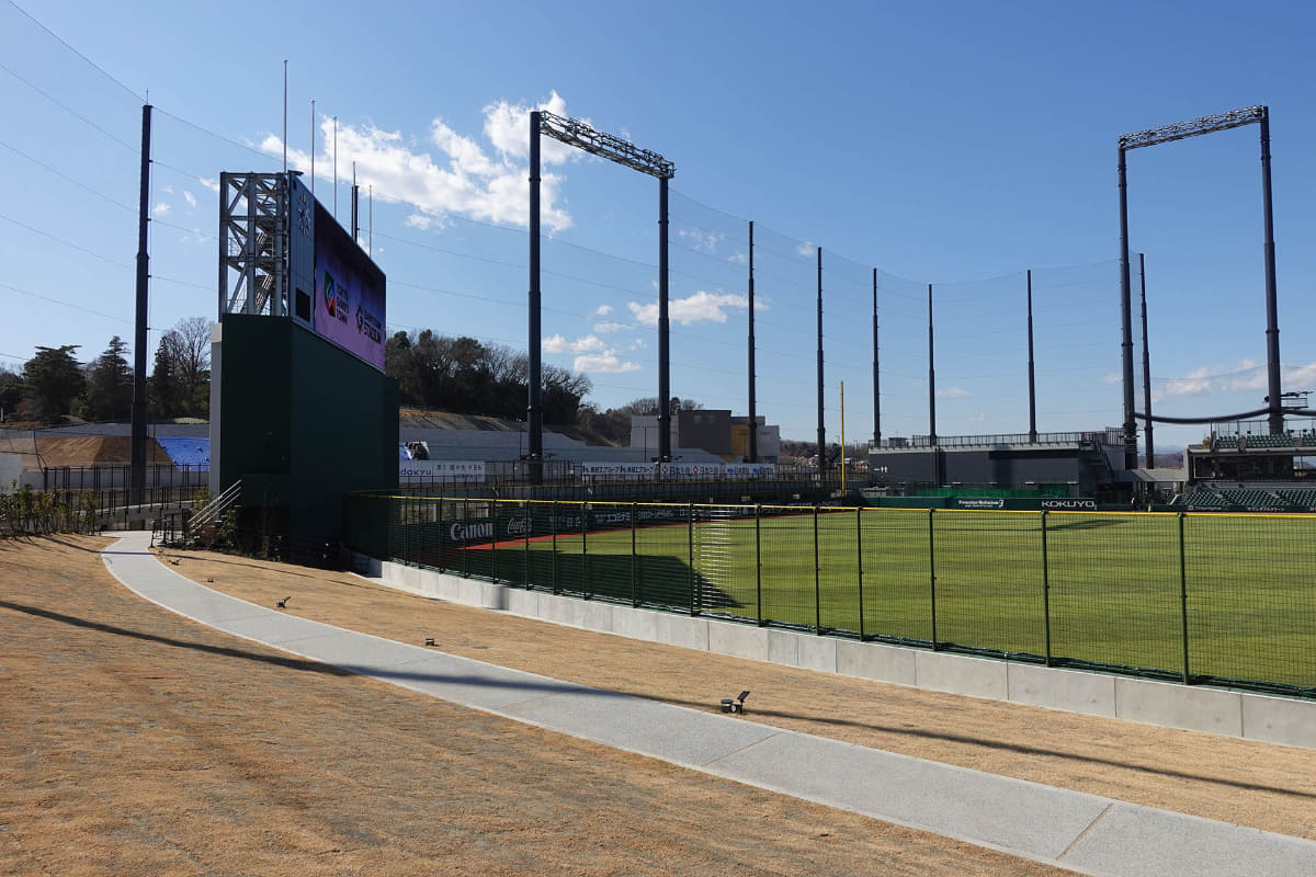 レフト側外野席は芝生になっている