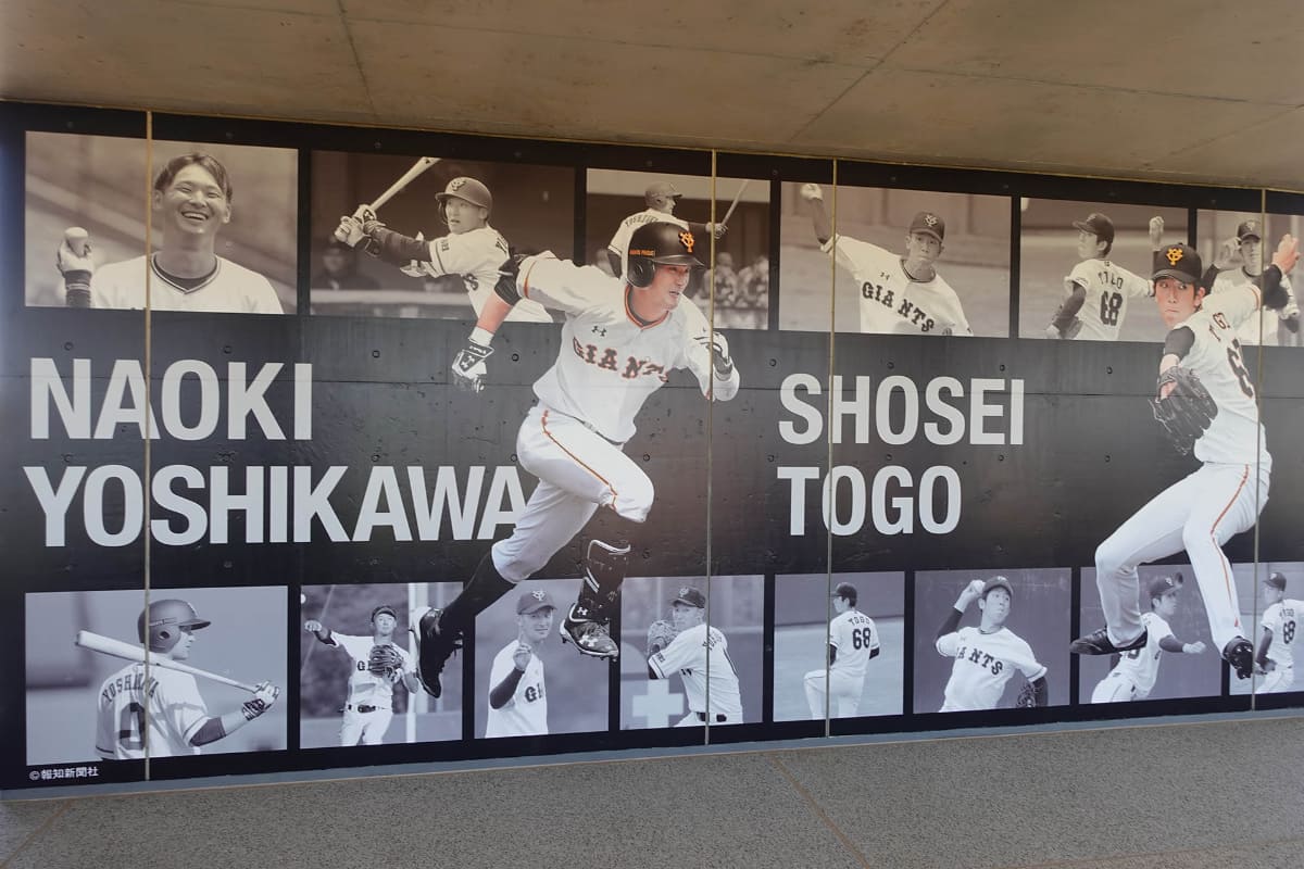 いま一軍で活躍する選手の写真・壁画が飾られている