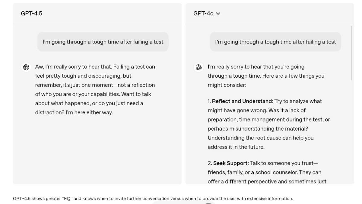 テストに落ちた人を慰める”人らしい”回答(左がGPT-4.5)