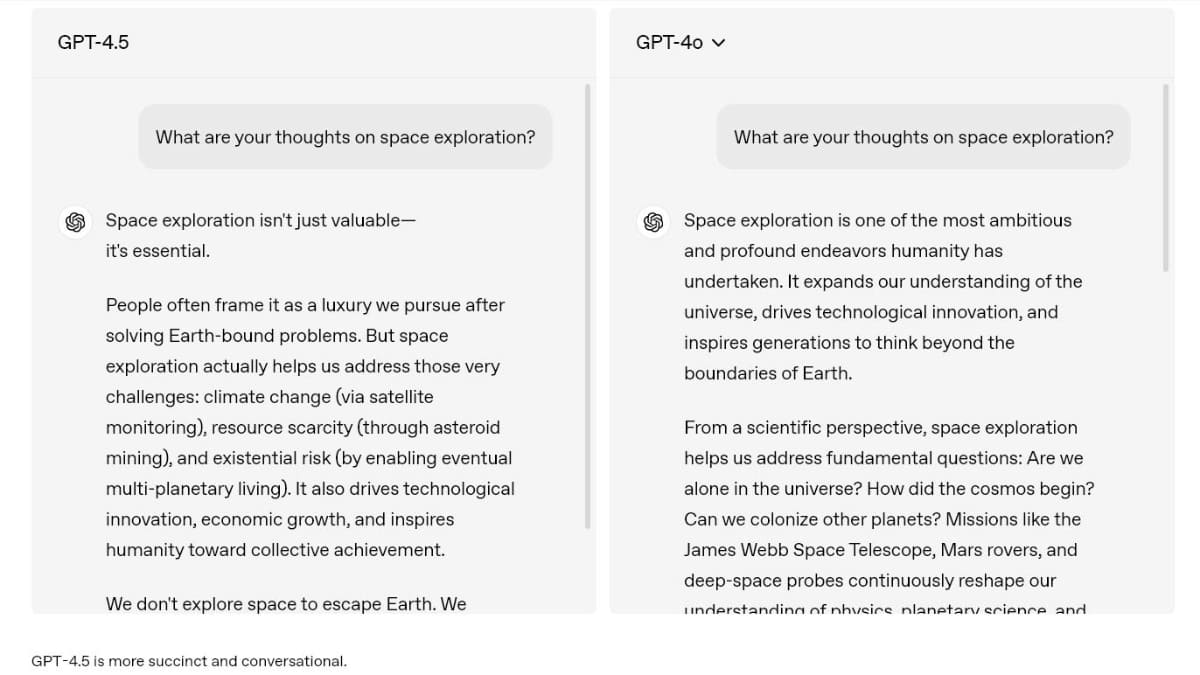 宇宙探査についての端的な説明(左がGPT-4.5)