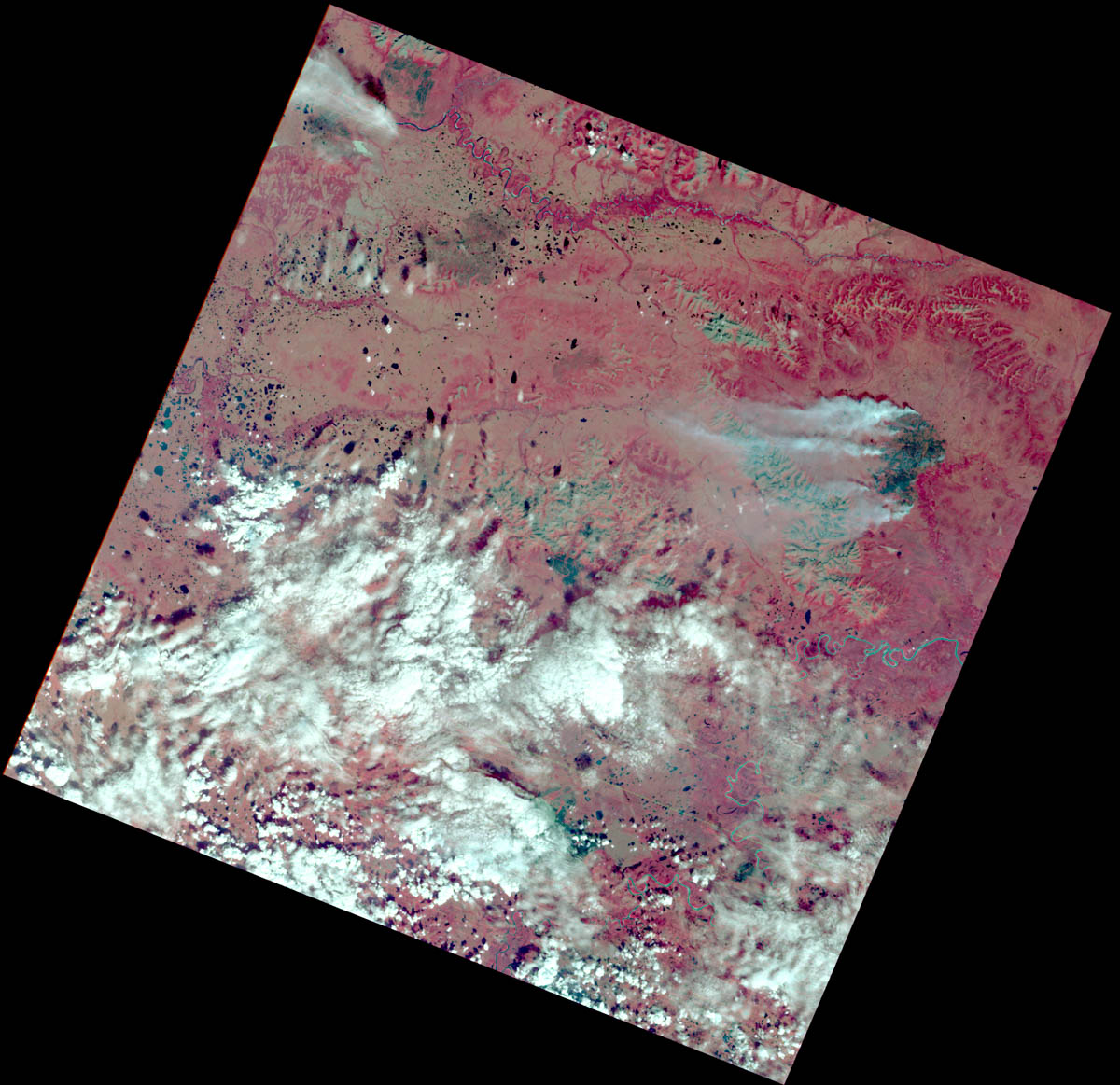 1972年7月27日にLANDSAT1号が観測したアラスカの森林火災。赤外線のデータを可視化した疑似カラー画像(Credit: Michelle A. Bouchard, based on Landsat 1 data from the USGS)