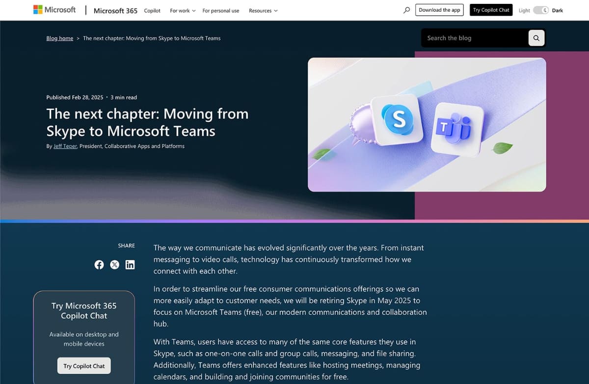 2月28日には発表とともにSkypeからの移行情報が出ている
