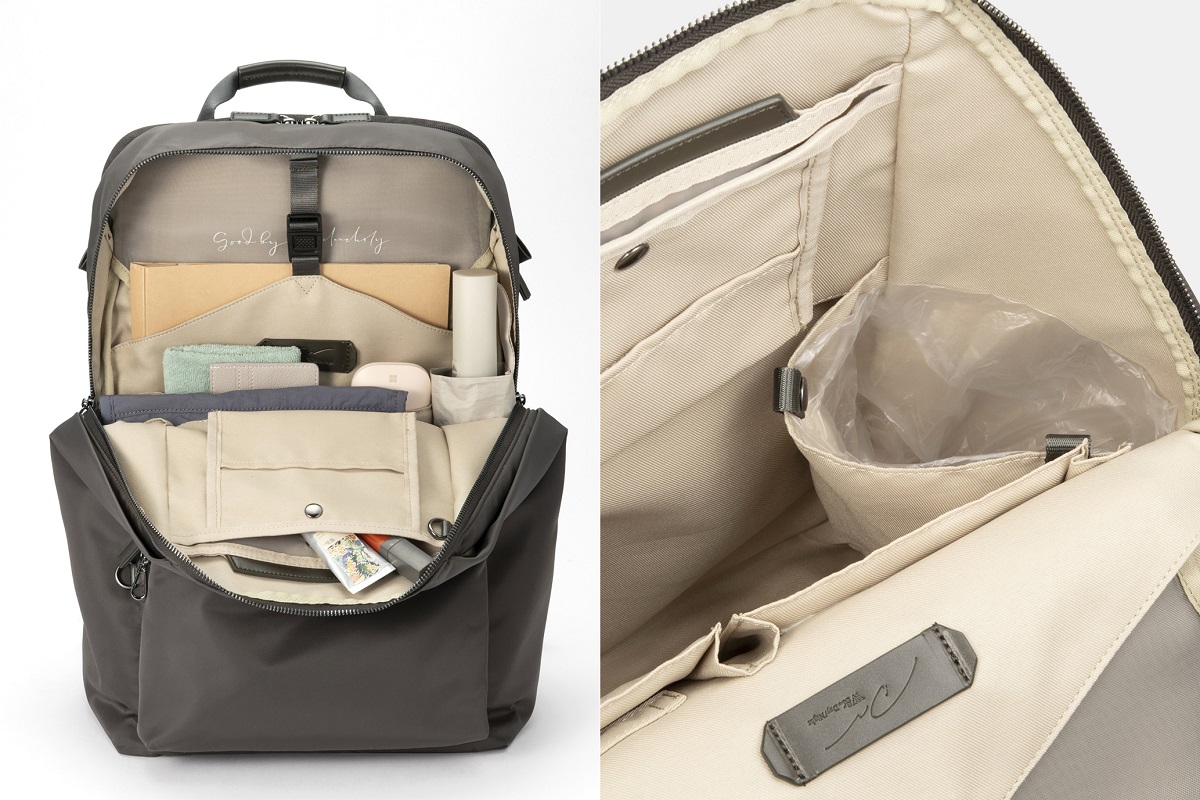 ポケットティッシュ専用ポケットや、ボトルホルダーにはポリ袋を広げて固定できるスナップボタンを採用